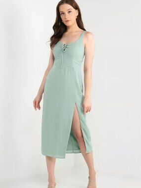 Abercrombie & Fitch A&F Corset Lace-Up Midi Dress Large Sage Green Side Slit NWT